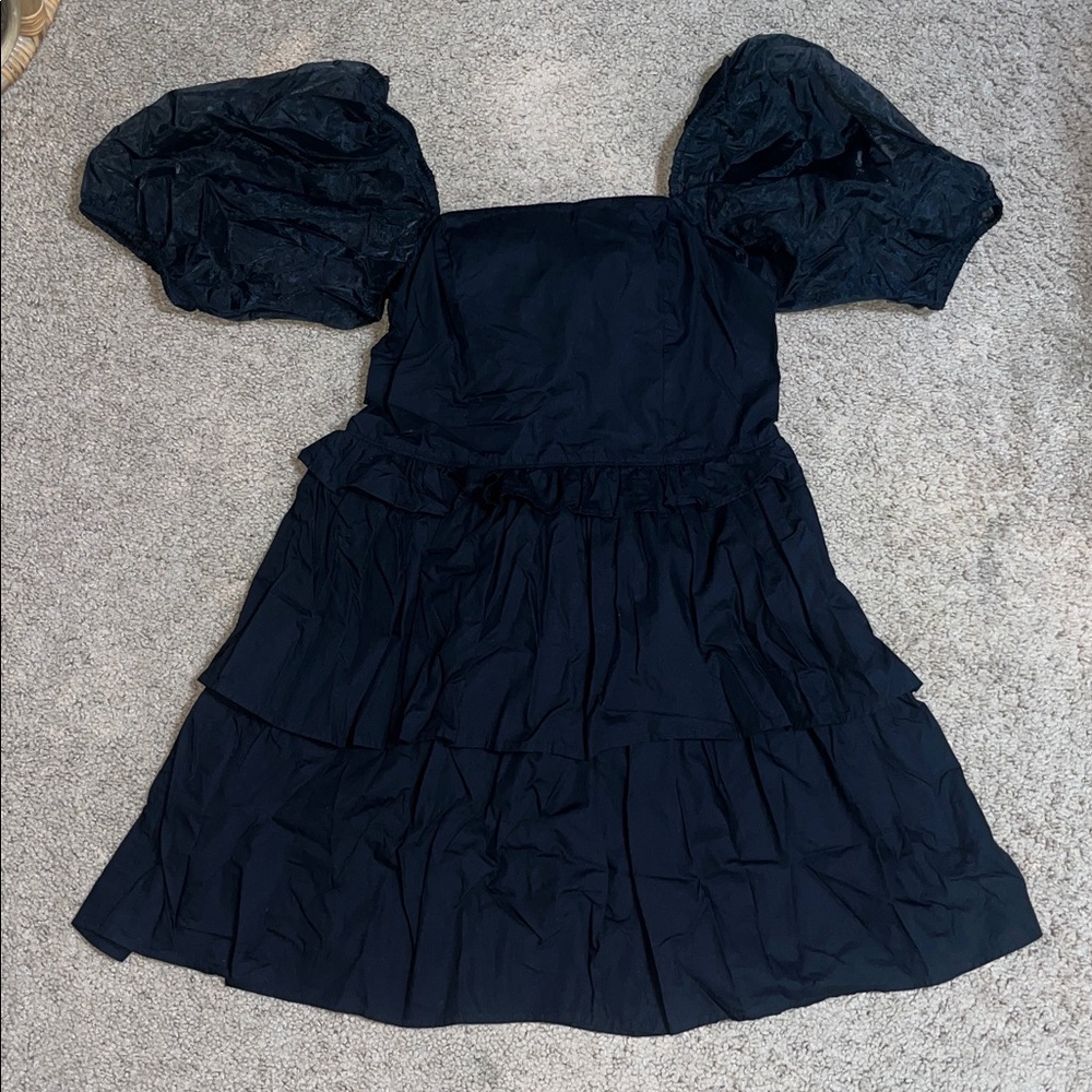 CLEOBELLA Soledad Organza Puff Sleeve & Bow Square Neck Tiered Mini Dress Black - Picture 2 of 8